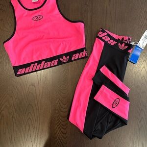 Adidas Neon Pink and Black Activewear Longline Crop Top